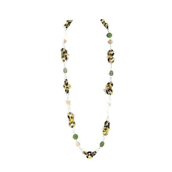 T Brand 38" +3" Ext. Silvertone Green Tortoise Mixed Media Long Necklace - Picture 1 of 4
